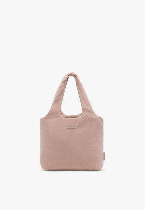 Sac cabas rose clair en velours côtelé avec des poignées rembourrées et une petite étiquette rectangulaire à l'avant indiquant "Kapten & Son."