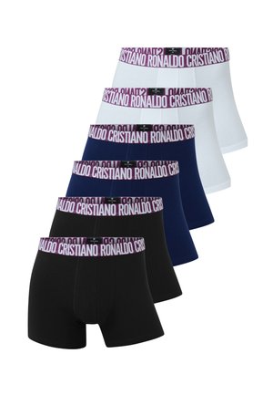 Fem herre boxershorts i sort, marineblå og hvid med lilla taljebånd med hvid "Cristiano Ronaldo" tekst.