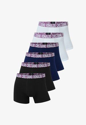 Fünf Herren-Boxershorts in Schwarz, Navy und Weiß mit lila Bundbändern mit weißem "Cristiano Ronaldo"-Text.