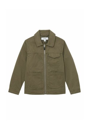 Kurtka oliwkowa z zamkiem błyskawicznym z przodu, kieszenią na klapie na piersi, dwoma dolnymi kieszeniami naszywanymi i klasycznym kołnierzem.