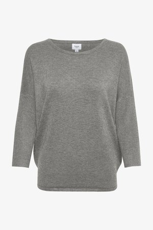 Gray oversized sweater with a wide neckline, three-quarter sleeves, and ribbed accents on the sleeves and sides. Soft knit texture.