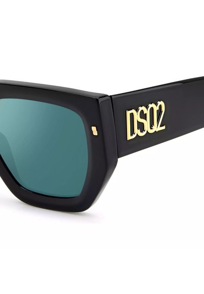 Store svarte solbriller i oversize med mørkegrønne linser. Har en dristig firkantet form og et gull "DSQ2"-logo på stangen.