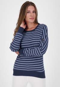 Navy striped sweatshirt made of soft fabric featuring long sleeves, a round neckline, and ribbed cuffs with a logo detail on the sleeve.