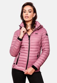 Padded pink puffer jacket with a hood, zippered front, black accents, and side pockets; features quilted detailing and elastic cuffs.