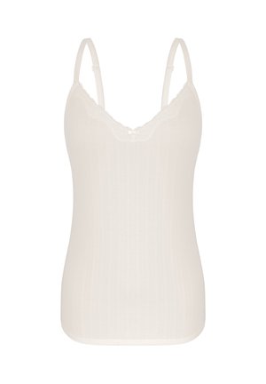 Weißes, geripptes Camisole mit Spitzenbesatz, verstellbaren Trägern und einer kleinen Schleife am Ausschnitt.