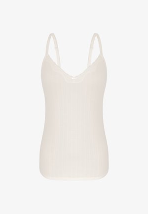 Weißes, geripptes Camisole mit Spitzenbesatz, verstellbaren Trägern und einer kleinen Schleife am Ausschnitt.