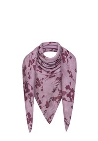 Foulard quadrato con base lavanda, caratterizzato da un motivo floreale in un profondo bordeaux. Tessuto leggero, texture liscia, si drappeggia dolcemente.