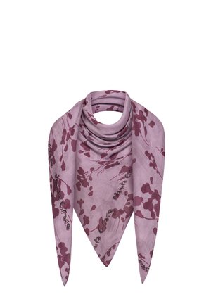 Foulard carré avec une base lavande, présentant un motif floral en bordeaux profond. Tissu léger, texture lisse, tombe doucement.