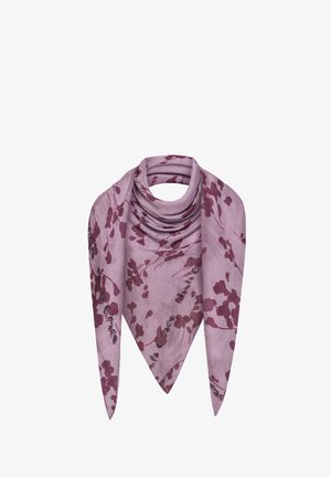Square scarf with lavender base, featuring a floral pattern in deep burgundy. Lightweight fabric, smooth texture, drapes softly.