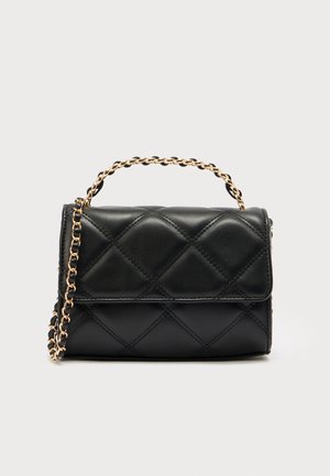 Black quilted handbag made of leather, featuring a gold-tone chain strap and a fold-over flap closure. Compact shape with a smooth texture.