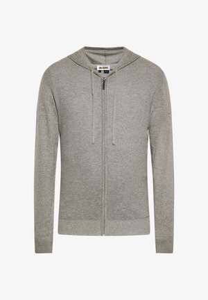 Világosszürke, cipzáras kapucnis felső puha anyagból, húzózsinórral a kapucnin, bordázott mandzsettákkal és texturált kötött mintával.