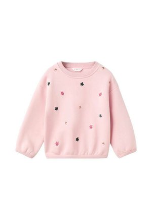Light pink long-sleeve sweatshirt with small scattered embroidered leaves and acorns in green, pink, and beige tones.