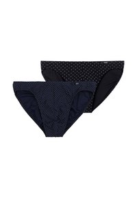 Kaksi paria tummansinisitä bikinityynyjä. Toinen on yksivärinen, jossa on pieniä valkoisia pilkkuja, ja toinen on teksturoitu pinta.