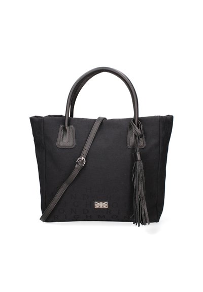 Sac fourre-tout noir en toile avec des accents en cuir, anses supérieures et une bandoulière amovible. Présente un pompon décoratif et un détail de logo.