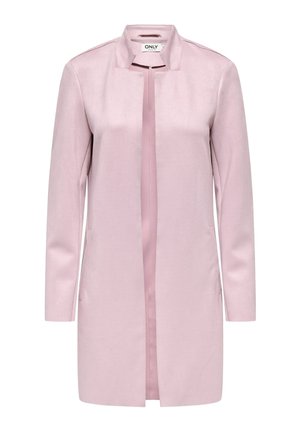 Manteau pour femmes rose clair à manches longues, ouverture avant, col court montant et poches latérales, étiqueté "ONLY" à l'intérieur du col.