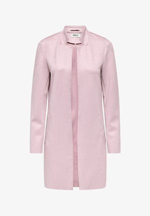 Lys rosa, langermet damekåpe med åpen front, kort ståkrage og sidelommer, merket "ONLY" på innsiden av halsen.