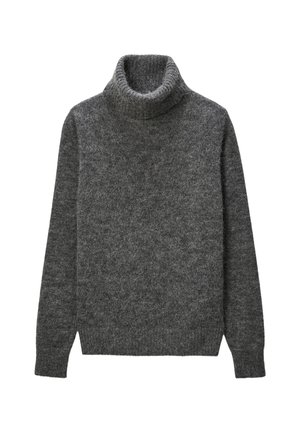 Pull à col roulé gris en tissu tricoté doux et texturé. Présente des manches longues et une coupe décontractée, avec des détails côtelés au col.