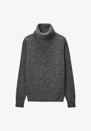 Pull à col roulé gris en tissu tricoté doux et texturé. Présente des manches longues et une coupe décontractée, avec des détails côtelés au col.