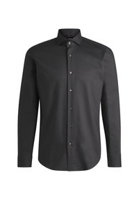 Schwarzes Hemd mit langen Ärmeln, klassischem Kragen, Knopfleiste und glatter Textur mit dezentem Glanz.