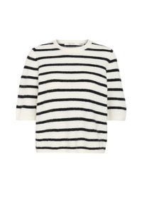 Pull à rayures noir et blanc, manches courtes, texture douce, col rond, coupe décontractée. Les rayures horizontales sont uniformément espacées.