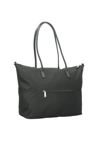Black fabric tote bag with two long handles, featuring a front zip pocket, smooth texture, and structured shape.