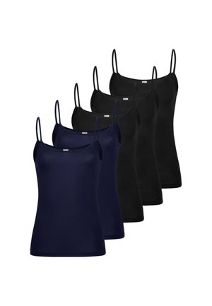 Deux caracos noirs et trois bleu marine pour femmes avec de fines bretelles, disposés en rang décalé sur fond blanc.