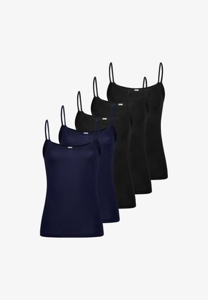 Deux caracos noirs et trois bleu marine pour femmes avec de fines bretelles, disposés en rang décalé sur fond blanc.