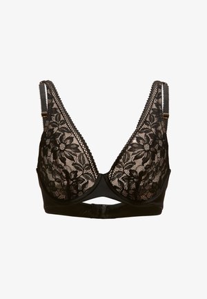 Svart spetsbehå med blomsterdesign, med en slät svart underband, justerbara axelremmar och vågformad kant längs kanterna.