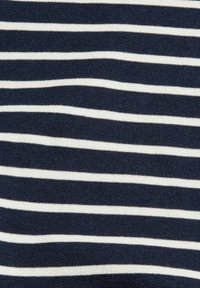 Tissu bleu marine à rayures avec des bandes horizontales blanches alternées. Texture lisse avec des rayures espacées régulièrement de différentes largeurs.
