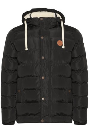 Melnā pūkaina jaka ar kažokādas oderi kapuci, ar priekšējo spiedpogu aizdari, divām sānu kabatām un apļu formas logo uz krūšu.