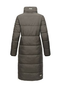 Long, padded coat in dark gray with a high collar, featuring horizontal quilted sections and a logo near the hem. Smooth texture.