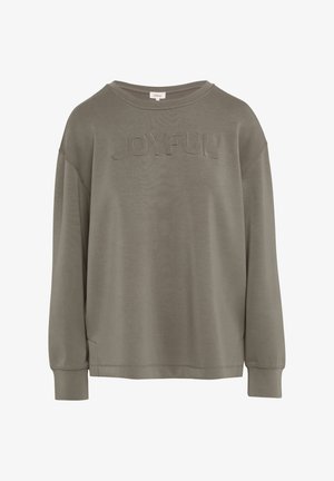 Olivgrüner Sweatshirt mit Rundhalsausschnitt, eingesetzten Schultern und texturiertem "JOYFUL"- Schriftzug auf der Vorderseite. Weicher Stoff und gerippte Bündchen.