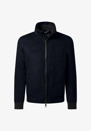 Marineblauwe suede jas met hoge kraag, voorrits en geribde boorden. Heeft een gestroomlijnd ontwerp en een subtiele textuur.