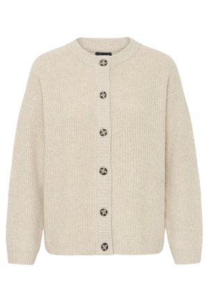 Beige knitted cardigan with a round neckline, front button closure featuring dark buttons, and ribbed cuffs and hem.