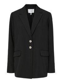 Μαύρο σακάκι με εφαρμοστή γραμμή, με αντιστρέψιμα πέτα, δύο μπροστινές τσέπες και δύο ασημένια κουμπιά. Κατασκευασμένο από απαλό ύφασμα με μινιμαλιστικό σχεδιασμό.