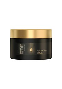 Zwarte pot met gouden deksel, gelabeld "Sebastian Dark Oil." Bevat 150 ml van een lichte haarmasker met een druppelontwerp. Soepele textuur.