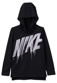 Musta pitkähihainen huppari, jossa on kauluri ja suuri, valkoisista tippuvista kirjaimista koostuva "NIKE"-logo edessä. Pehmeää kangasta, rento malli.