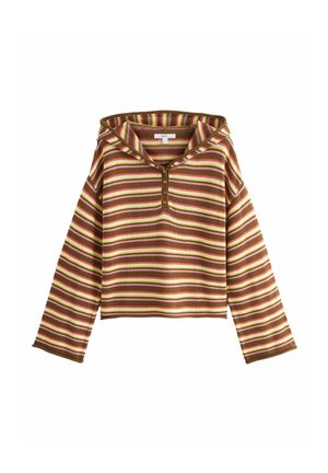 Pull à rayures avec capuche, comportant des rayures horizontales en marron, rose et crème, détail de bouton au niveau du col, et poignets côtelés.