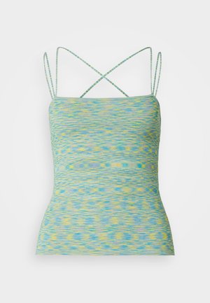 Lightweight, sleeveless top in a multicolored pattern of blue and yellow. Features crossback straps and a fitted design.