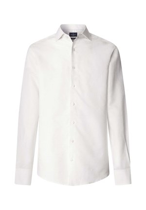 White long-sleeve men's button-up shirt with pointed collar and visible brand label inside collar against a white background.