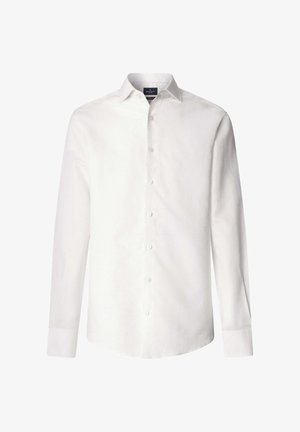 White long-sleeve men's button-up shirt with pointed collar and visible brand label inside collar against a white background.