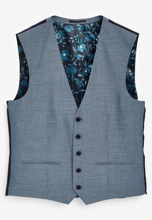 Gilet grigio con tessuto testurizzato, dotato di cinque bottoni neri, rever a lancia e fodera blu con motivo floreale.