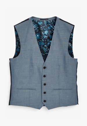 Graue Weste aus strukturiertem Stoff, mit fünf schwarzen Knöpfen, einer Reverslasche und einem navyblauen Innenfutter mit floralem Muster.