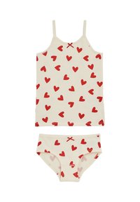 Komplet dekliškega spodnjega perila v smetanasti barvi, z razpršenimi rdečimi srčki in majhnimi rdečimi pentljami na obeh kosih.