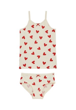 Kreemikarva tüdrukute linane ja püksikud punaste südamete ja väikeste punaste lipsudega mõlemas tükis.