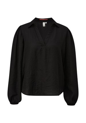 Zwarte blouse met een V-hals, lange pofmouwen en een ontspannen pasvorm. Gemaakt van textiel met een gestructureerd oppervlak.