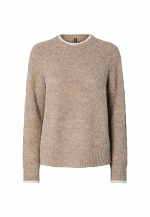 Pull en tricot beige à manches longues avec des poignets et un ourlet côtelés, col rond avec une bordure blanche et une texture douce et pelucheuse.