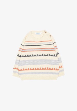 Maglione lavorato a maglia color crema con righe orizzontali arancioni, grigie e azzurre e due bottoni sulla spalla sinistra.