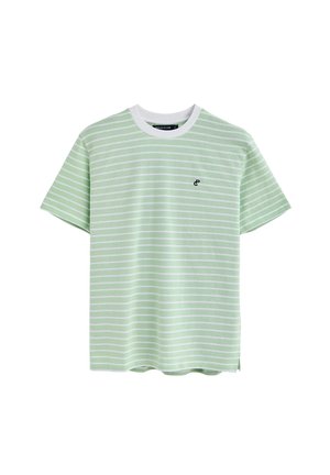 Lichtgroene T-shirt met korte mouwen, voorzien van dunne witte horizontale strepen en een witte ronde hals. Subtiel logo op de borst.