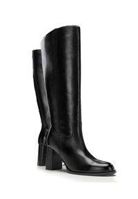 Czarne skórzane kozaki za kolano na słupku, gładka faktura, zaokrąglony nosek i minimalne przeszycia.